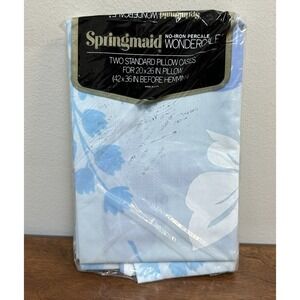 Vintage Springmaid Percale Retro Blue Standard Pillowcases Made in USA NOS NEW